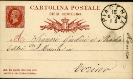 INTERO REGNO VITTORIO EMANUELE II EFFIGE REALE 10 C 1879 PIACENZA X TORINO - Entero Postal