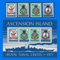 ASC 1971-0001, Royal Navy Crests (3rd Series), Set Of 4 Stamps & MS, MLH - Ascension