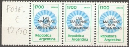ARGENTINA - 1982 Rosette With Malvinas Overprint 1700p Strip Of 3 MNH **  Sc 1338 - Unused Stamps