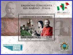 EMISSIONE CONGIUNTA SAN MARINO - ITALIA: GARIBALDI A SAN MARINO - Euro 1,50 - 2011 - FOGLIETTO NUOVO MNH ** - Unused Stamps