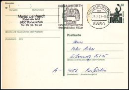 Germany 1991, Postal Stationery Donauworth To Ausfelden - Cartes Postales - Oblitérées