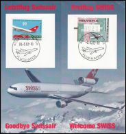 Switzerland 2002, Souvenir Leaf  "Last Flight Swissair - First Flight Swiss" - Eerste Vluchten