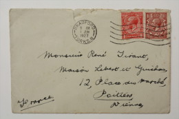 Cover, Enveloppe 1927 Bradford  --> Poitiers, Affr. 2d 1/2 Roi Georges V YT 140, 141 - Storia Postale