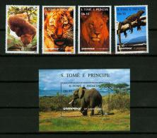 Delcampe - S. Tome E Principe 1996,4V+Bl,elephant,lion, Lizzard,bear,MNH/Postfris , (E3716) - Wild