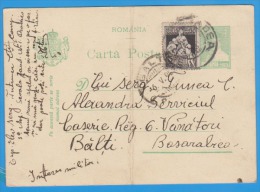 ROMANIA 1929. Postal Stationery Postcard. Postal Traffic  Balti Basarabia - Cartas & Documentos