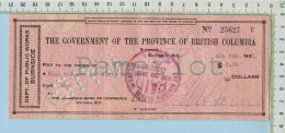 CHÈQUE De Paye BC, Canada - THE GOVERNMENT OF THE PROVINCE OF BRITISH COLUMBIA DEP. OF PUBLIC WORKS BURNSIDE 1938 - Chèques & Chèques De Voyage