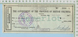 CHÈQUE De Paye BC Canada - THE GOVERNMENT OF THE PROVINCE OF BRITISH COLUMBIA DEP. OF PUBLIC WORKS BURNSIDE 1938 - Cheques & Traverler's Cheques