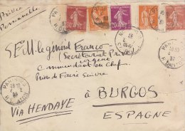 G)1937 FRANCE, PRIVATE PERSONAL URGENT CIRCULATED COVER TO FRANCO GENERAL, BURGOS SPAIN, XF - Covers & Documents