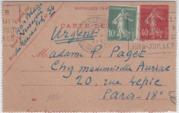 1927 - SEMEUSES - CARTE LETTRE ENTIER De VERSAILLES Avec COMPLEMENT D'AFFRANCHISSEMENT Pour TARIF LETTRE (URGENT) - Cartes-lettres