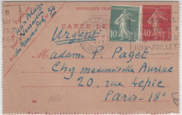 1927 - SEMEUSES - CARTE LETTRE ENTIER De VERSAILLES Avec COMPLEMENT D'AFFRANCHISSEMENT Pour TARIF LETTRE (URGENT) - Tarjetas Cartas