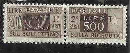 TRIESTE A 1949 - 1953 AMG-FTT ITALY OVERPRINTED SOPRASTAMPATO D' ITALIA PACCHI POSTALI LIRE 500 MNH BEN CENTRATO - Colis Postaux/concession