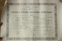 Certificat D'études Secondaires élémentaires - Université De France, Académie De Lille- Délivré à Francis Huré En 1926. - Diploma's En Schoolrapporten