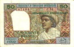 MADAGASCAR 50 FRANCS BROWN WOMAN HEAD FRONT MAN BACK ND(1969) P61 VF+ READ DESCRIPTION - Madagascar