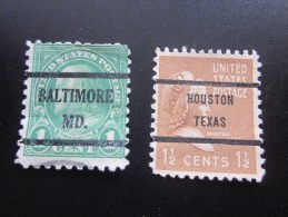 USA United States Of América États-Unis D´Amérique- 2 Stamps Prè-oblitéré: Baltimore MD— Houston Texas - Voorafgestempeld