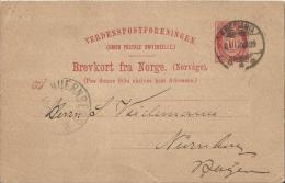 NORWAY 1895 – PRE-STAMPED POSTCARD OF 10 ORE - NOT ILLUSTRATED – ADDR TO NUERNBERG - POSTM KRISTIANIA JUL  9,1895   REPO - Postwaardestukken