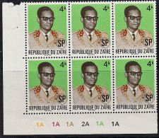 B0322 ZAIRE 1975, 4K Mobutu Defs Official Use, Control Block Of 6  MNH - Ongebruikt