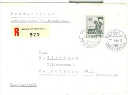 Schweiz Mi. 382 Sterbender Krieger R-Brief 1948 Zürich Nach Heidelberg Deutschland = Amerikanischer Besatzungszone - Storia Postale