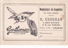 ANGERS - CDV De La Manufacture De Casquettes "GENTLEMAN" - E.Chudeau 1 Place Loricard Et 2 Rue Tuliballe - Visitekaartjes