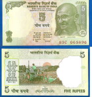 Inde 5 Roupies 2011 Lettre R NEUF UNC India Rupees Gandhi Tracteur Asie Paypal Skrill OK - India