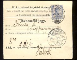 Hungary   KOSZEG   1916   Telephonic - Ticket    Telefonische - Ticket     TELEPHONE RECEIPT   Tavbeszelo - Jegy - Telegraphenmarken