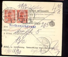 Hungary  SZEKESFEHERVAR   1914  Telephonic - Ticket    Telefonische - Ticket     TELEPHONE RECEIPT   Tavbeszelo - Jegy - Telegraaf