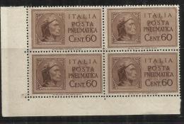 ITALIA REGNO ITALY KINGDOM 1945  LUOGOTENENZA PNEUMATICA CENT.60 MNH QUARTINA BLOCK - Nuovi