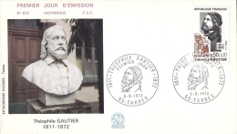 Env Fdc France 9/9/72 Tarbes, N°1728,  Théophile Gautier, écrivain, Le Capitaine Fracasse... - 1970-1979