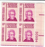 Plate # Block, Sc#1286A, Prominent American Issue, Andrew Jackson 10-cent Definitive US Postage Stamps - Plattennummern