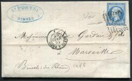 FRANCE - GARD - N° 22 VARIETE, OBL. BREST A PARIS 16/3/1866, POUR MARSEILLE, BEL EN TETE FABRIQUE DE LIN DE RENNES - TB - 1862 Napoléon III.