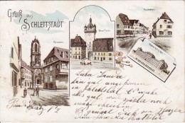 SELESTAT-SCHLETTSTADT (Bas-Rhin) Lithographie Eglises -Tour - Caserne-  Rue- Août 1900 - VOIR 2 SCANS - - Selestat