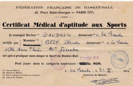 Certificat Médical Aptitude Aux Sport, Basket-ball,  De 1946, LA  BAULE (44) - Andere & Zonder Classificatie