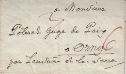 Lettre à Juge De Paix à Orny, 1805. Avec Cachet De Cire Au Verso. Taxée  6. Très Rare - ...-1845 Vorphilatelie