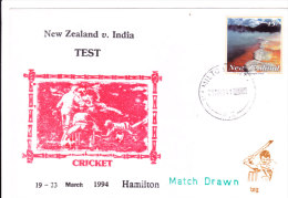 Special Cover On Cricket, On Occasion Of New Zealand-india Test Match At Hamilton On March 1994, Imprint Match Result - Entiers Postaux
