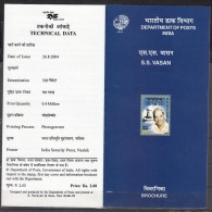 INDIA, 2004, Birth Centenary Of Thiruthuraipoondi Subramanian Srini Vasan, (Film Maker And Media Baron), Folder - Cartas & Documentos