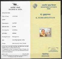 INDIA, 2004, Shri K Subrahmanyam Birth Centenary, (Film Maker), Folder - Covers & Documents