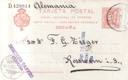 Tarjeta De Alfonso XIII Edifil 47A, Dirigida Desde Coruña A Rosswein (Alemania), Con Fechadores De Salida Y Llegada. - 1850-1931