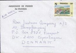 Rwanda AMBASSADE DE FRANCEKIGALI 1989 Cover Lettre To Denmark Afrikanische Entwicklungsbank 90 Fr Stamp - Sonstige & Ohne Zuordnung