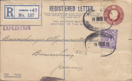 Great Britain Uprated Registered Postal Stationery Ganzsache Entier 3 P King George V. 1912 To BRAUNSCHWEIG (2 Scans) - Storia Postale