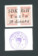 BOSNIA - BOSNIEN UND HERZEGOWINA,  10 Dinara ND(1992) UNC , SDK BIH -TUZLA , Rare War Time Emergency Note - Bosnië En Herzegovina