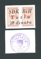 BOSNIA - BOSNIEN UND HERZEGOWINA,  10 Dinara ND(1992) UNC , SDK BIH -TUZLA , Rare War Time Emergency Note - Bosnie-Herzegovine