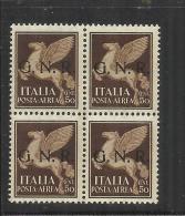 ITALIA REGNO ITALY KINGDOM 1944 REPUBBLICA SOCIALE ITALIANA RSI GNR AEREA AIR CENT. 50 MNH BLOCK QUARTINA BEN CENTRATA - Luchtpost