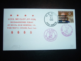 LETTRE TP EISENHOWER 25 OBL.MEC. DEC 14 1990 US NAVY FPO 09578 + ILLUSTRATION ET CACHET USS MC CLOY (FF-1038) - Marcophilie