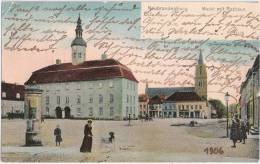 NEUBRANDENBURG Markt Mit Rathaus Color Litfaßsäule Frau Mit Kinderschubkarre 26.2.1906 Gelaufen - Neubrandenburg