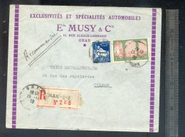 Enveloppe Recommandée Algérie 1929 Spécialités Automobiles à ORAN - Cartas & Documentos