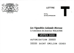 LES VIGNOBLES LALANDE MOREAU 33 SAINT EMILION VIN ENVELOPPE REPONSE  T  VEPEX 5000 LETTRE VALIDITE PERMANENTE - Karten/Antwortumschläge T