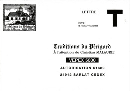 TRADITIONS DU PERIGORG - MOULIN DE MOREAU - 24 SARLAT - ENVELOPPE REPONSE  T - VEPEX 5000 - LETTRE VALIDITE PERMANENTE - Cards/T Return Covers