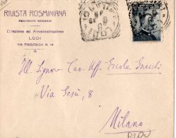 BUSTA POSTALE-FORMATO RIDOTTA-LODI-RIVISTA ROSMINIANA-REGNO-CENT.15- ANNULLO RIQUADRATO DI LODI - Taxe Pour Mandats