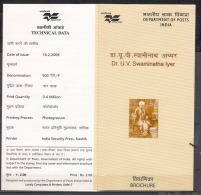 INDIA, 2006, Dr U V Swaminatha Iyer, (Scholar And Writer), Folder - Storia Postale
