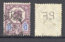 GB-PERFIN 1902, 5d, DeLaRue Chalky Paper, Perf.  P. F - Perfin