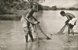 1957 AROUSSI ETHIOPIA FISHERMAN ON SOMBAY LAKE Pêcheur Sur SOMBAY Lac,Etiopia, Old Postcard - Ethiopie